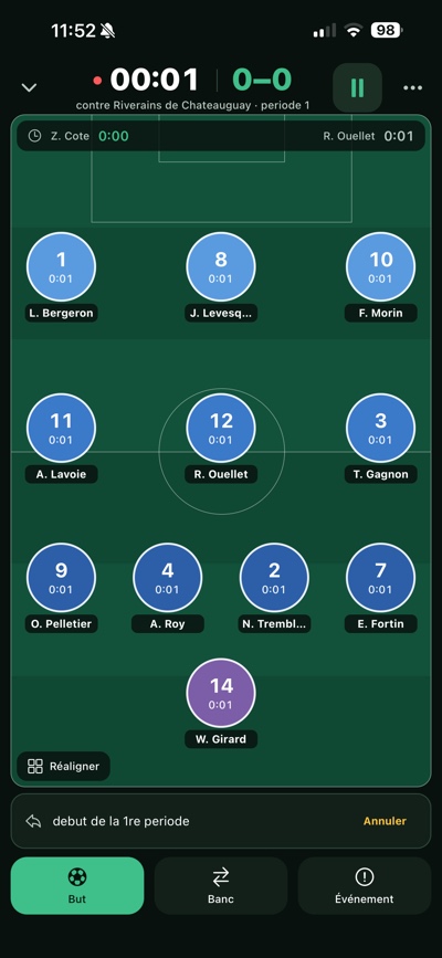 Match in progress: the clock, the score and the line-up placed on the field, each player with their playing time.