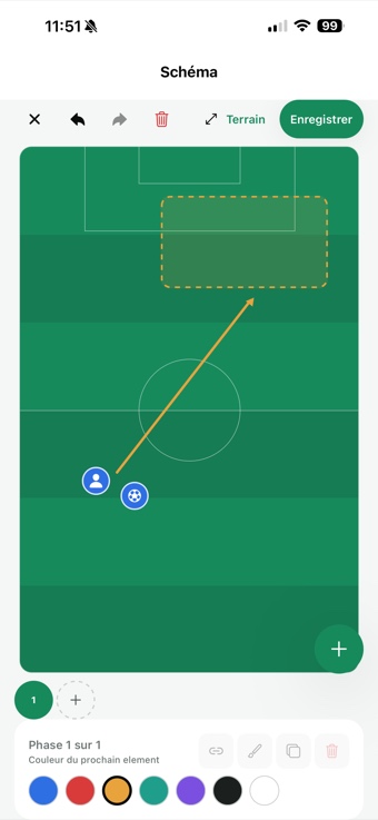 Tactical diagram editor: a field, a dashed zone, an arrow running from a player and the ball toward that zone, and a Phase 1 of 1 indicator.